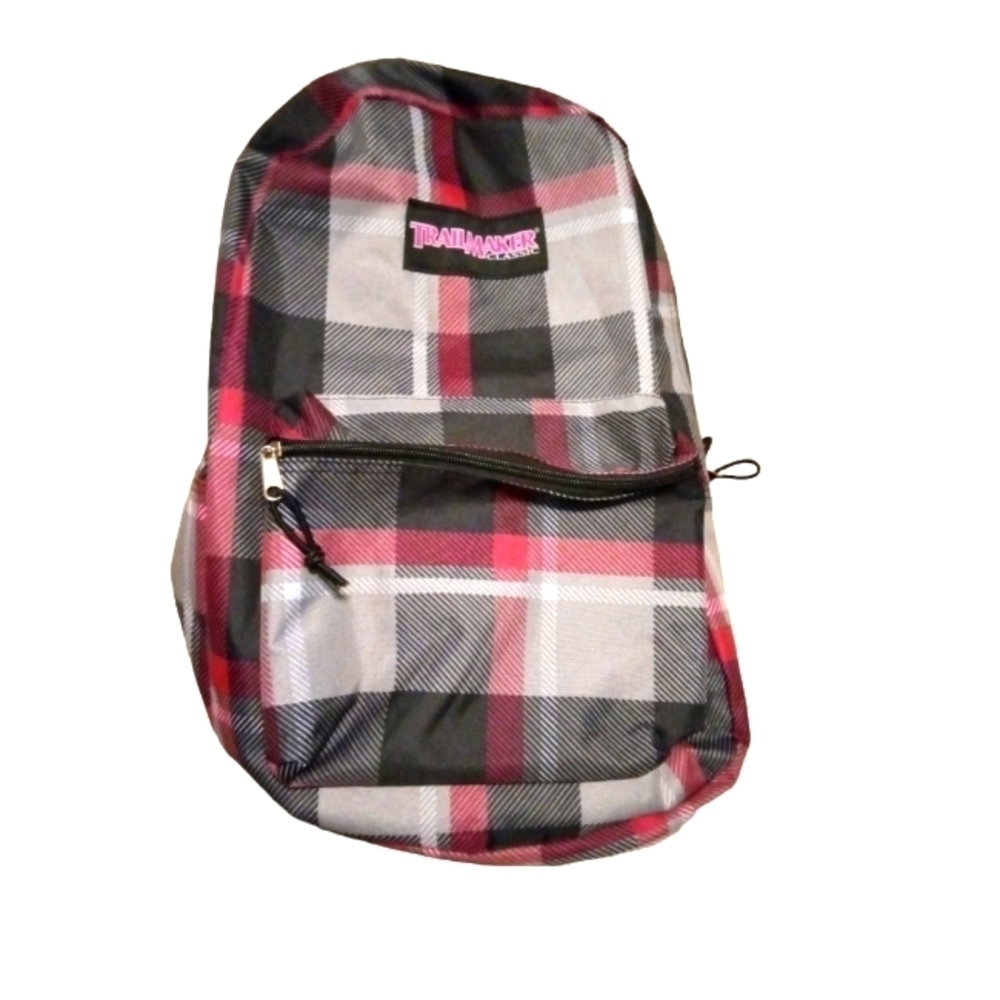 Trailmaker Classic Pink, Black, & White Plaid Front Pocket-Zip Backpack Preppy